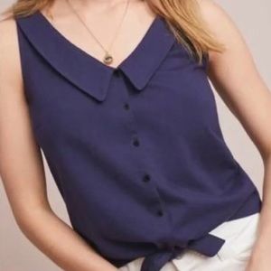 ATHROPOLOGIE Biloxi Collared Tie Front Sleeveless Top in Navy Blue